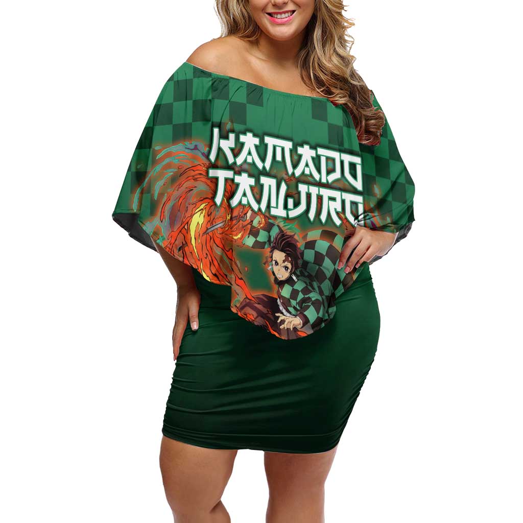 Kamado Tanjiro Demon Slayer Off Shoulder Short Dress Flame Burst Anime Checkered Style