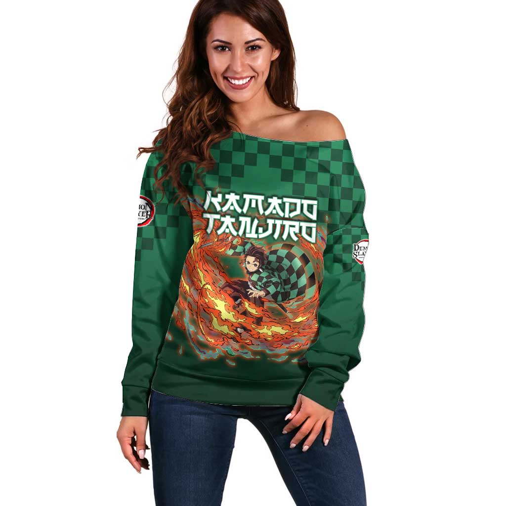 Kamado Tanjiro Demon Slayer Off Shoulder Sweater Flame Burst Anime Checkered Style
