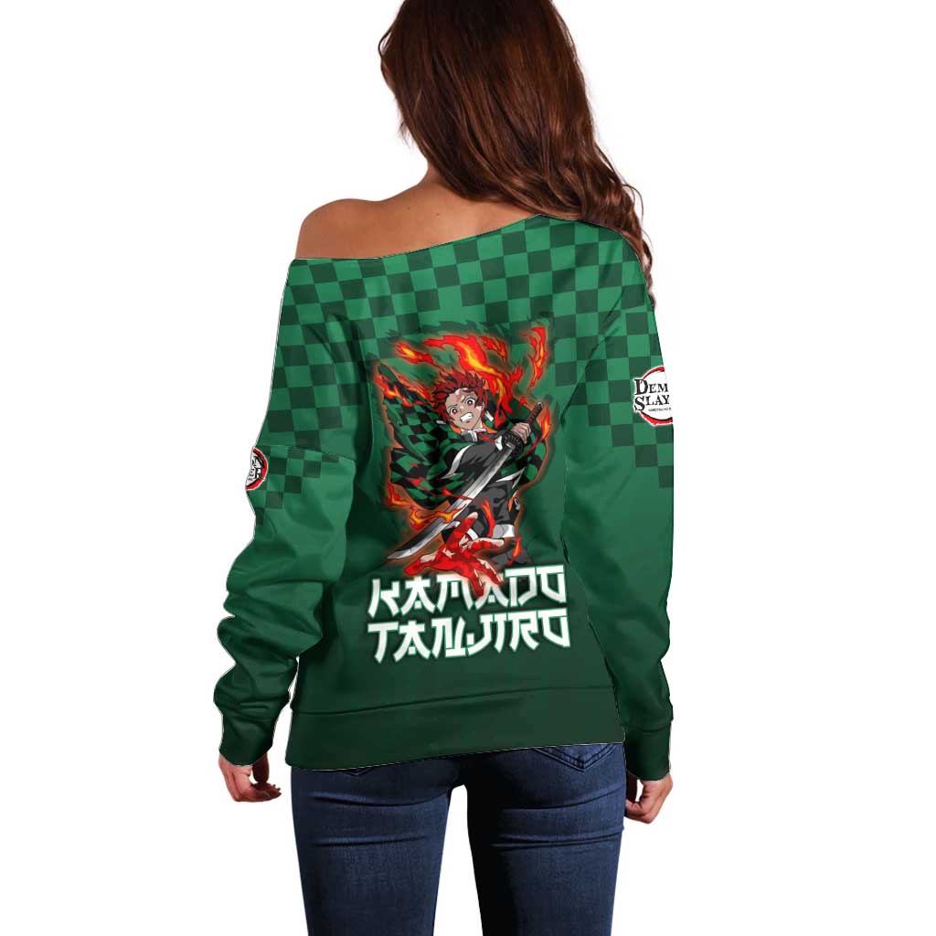 Kamado Tanjiro Demon Slayer Off Shoulder Sweater Flame Burst Anime Checkered Style