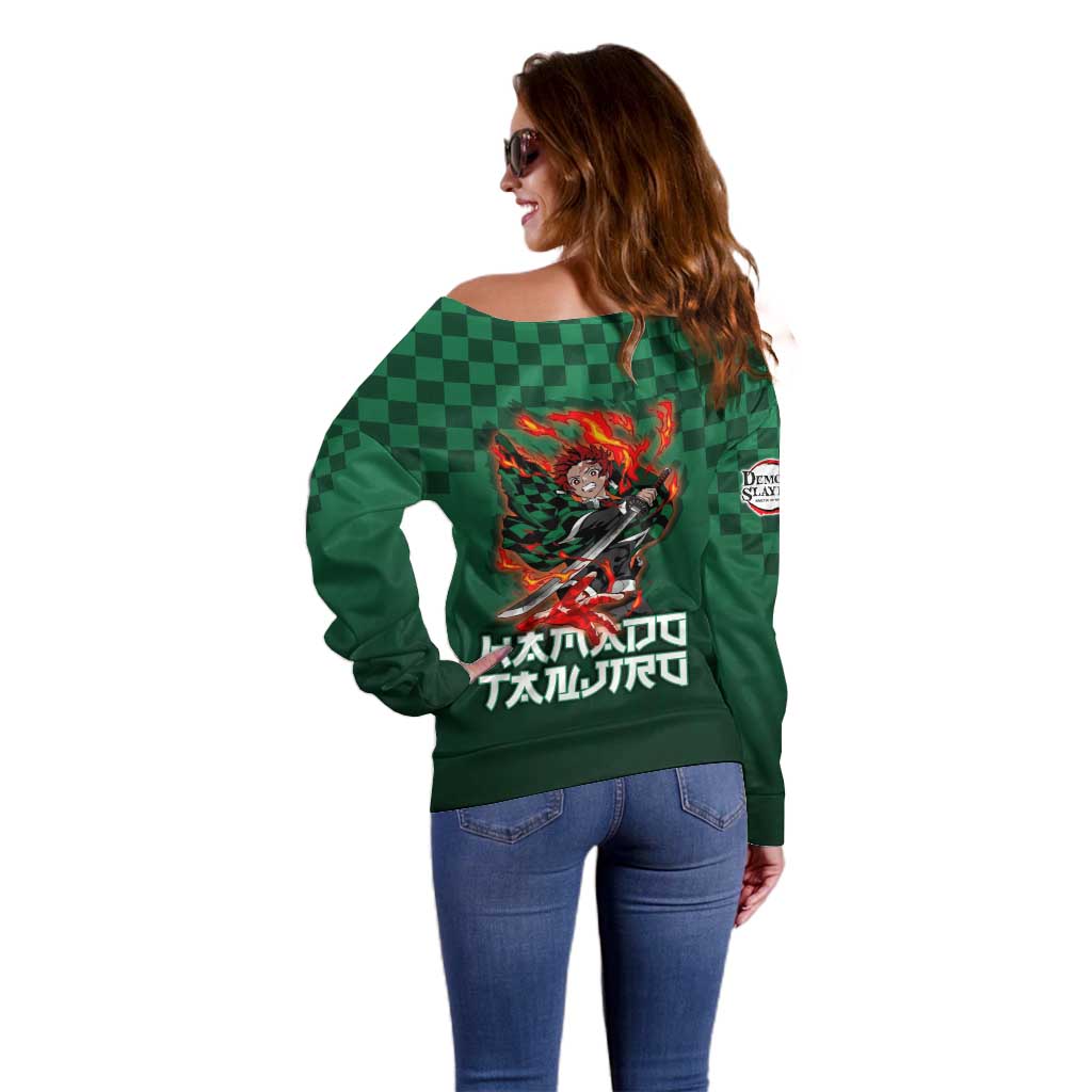 Kamado Tanjiro Demon Slayer Off Shoulder Sweater Flame Burst Anime Checkered Style