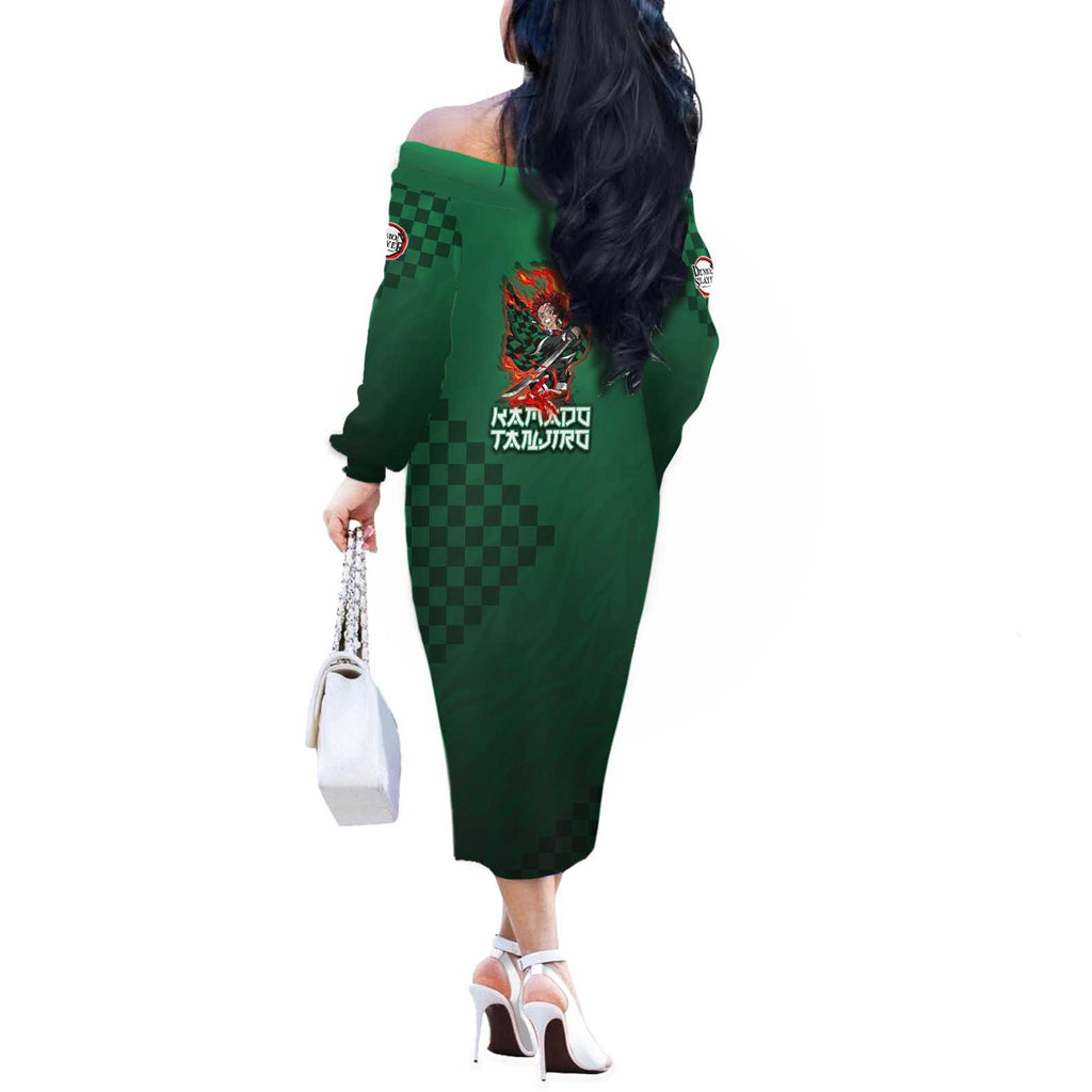 Kamado Tanjiro Demon Slayer Off The Shoulder Long Sleeve Dress Flame Burst Anime Checkered Style