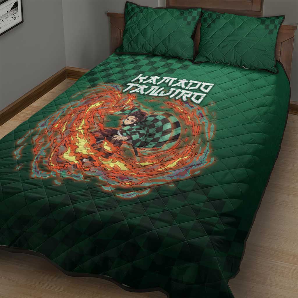 Kamado Tanjiro Demon Slayer Quilt Bed Set Flame Burst Anime Checkered Style