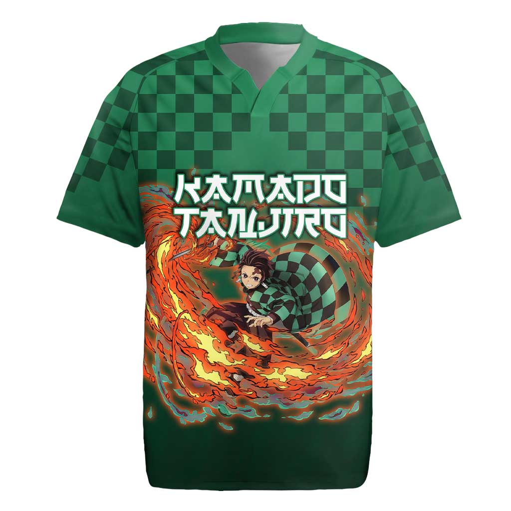 Kamado Tanjiro Demon Slayer Rugby Jersey Flame Burst Anime Checkered Style