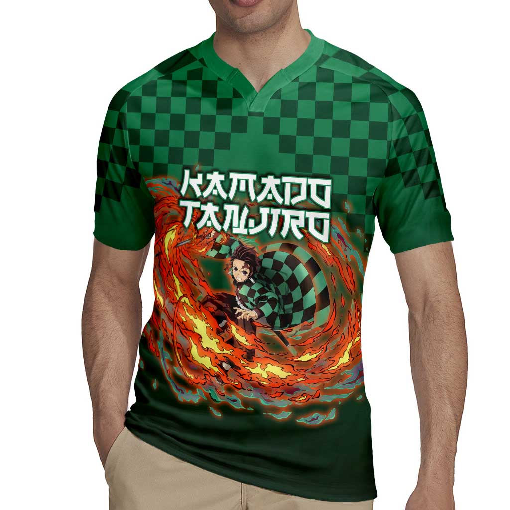 Kamado Tanjiro Demon Slayer Rugby Jersey Flame Burst Anime Checkered Style