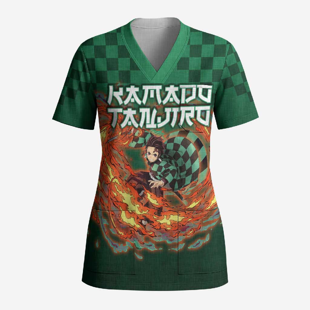 Kamado Tanjiro Demon Slayer Scrub Top Flame Burst Anime Checkered Style