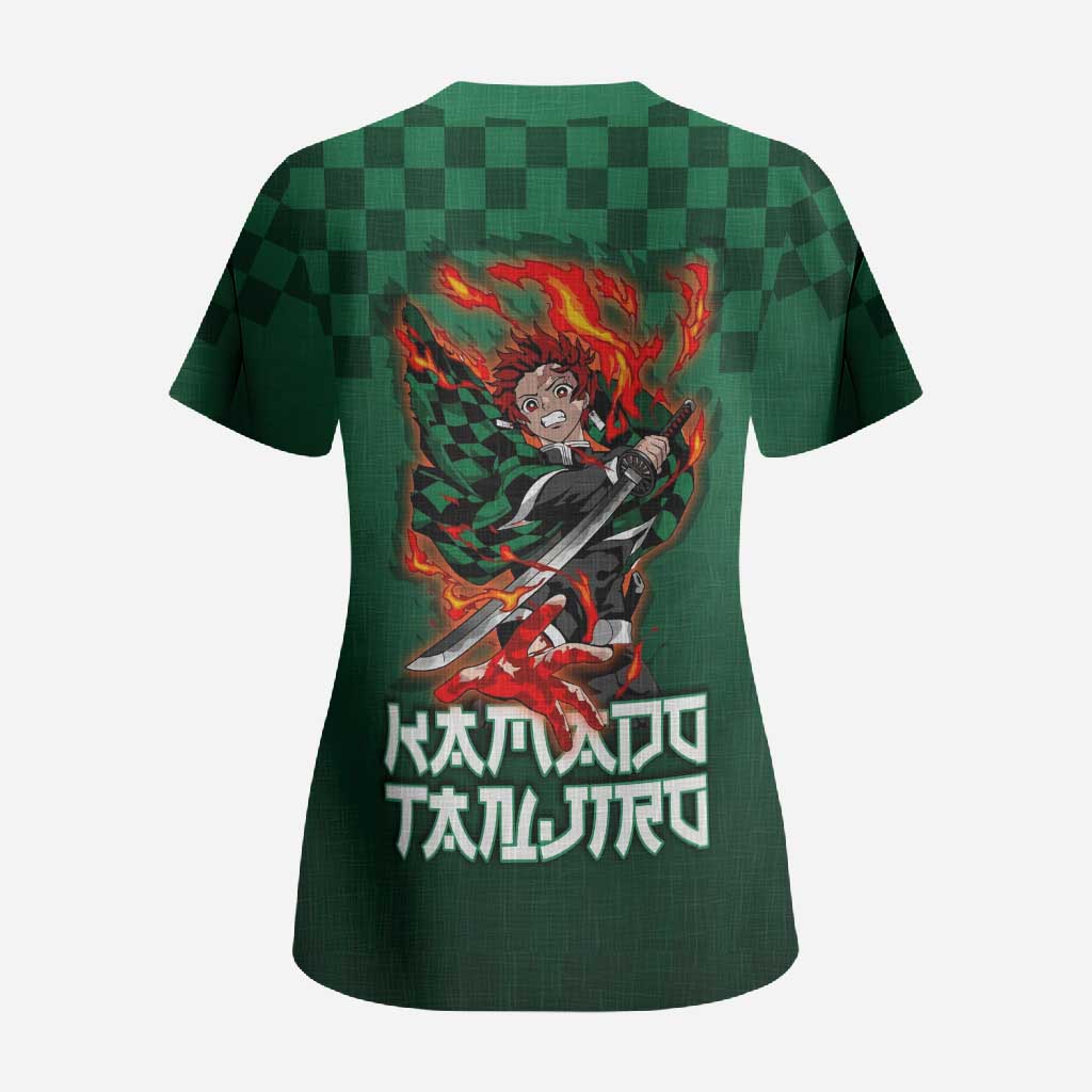 Kamado Tanjiro Demon Slayer Scrub Top Flame Burst Anime Checkered Style