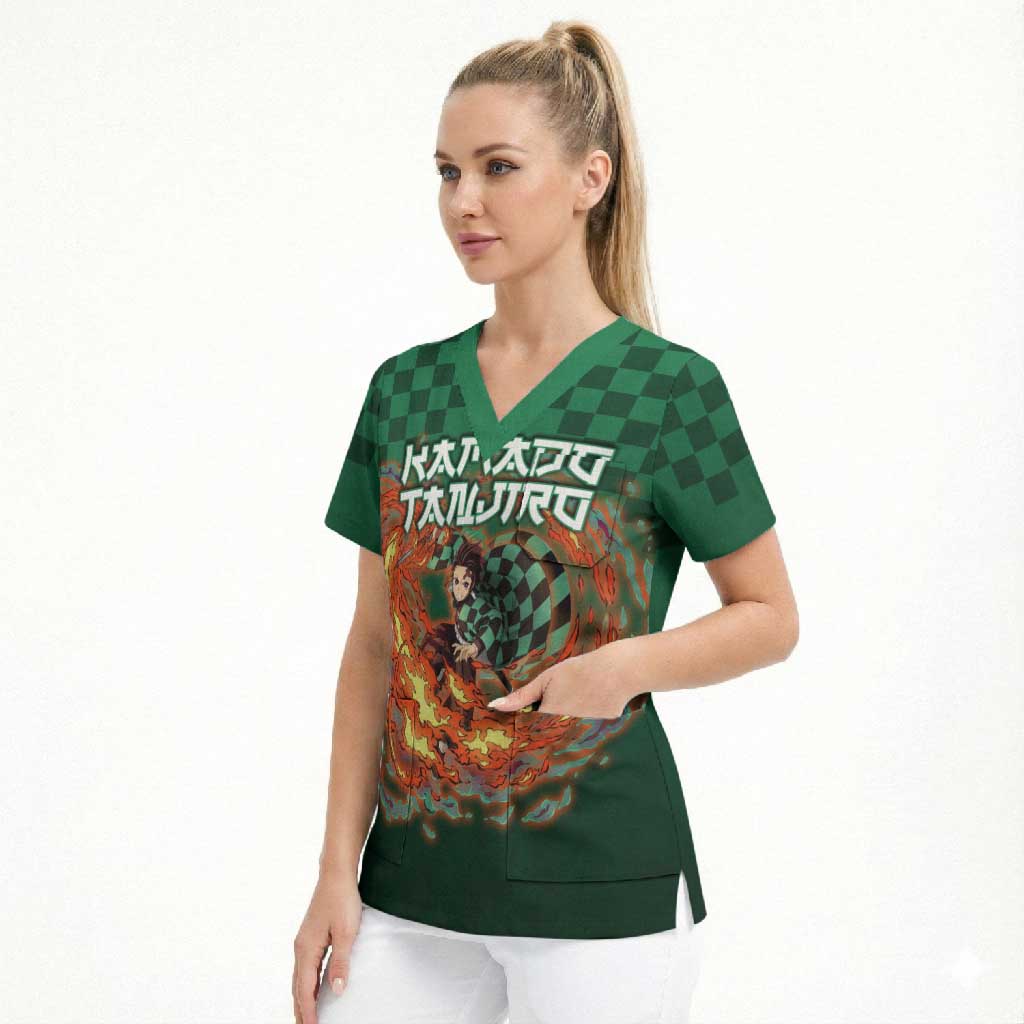 Kamado Tanjiro Demon Slayer Scrub Top Flame Burst Anime Checkered Style