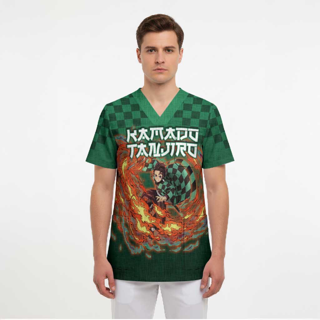 Kamado Tanjiro Demon Slayer Scrub Top Flame Burst Anime Checkered Style