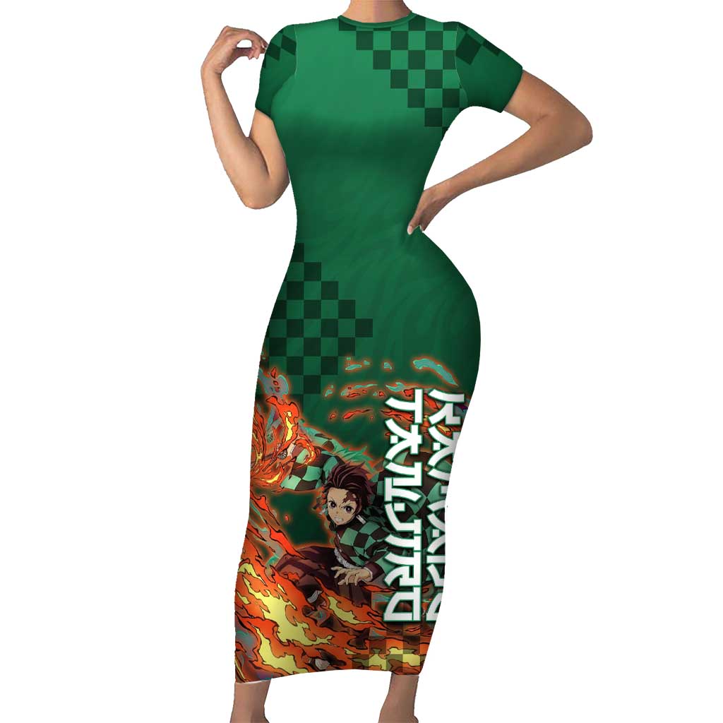 Kamado Tanjiro Demon Slayer Short Sleeve Bodycon Dress Flame Burst Anime Checkered Style