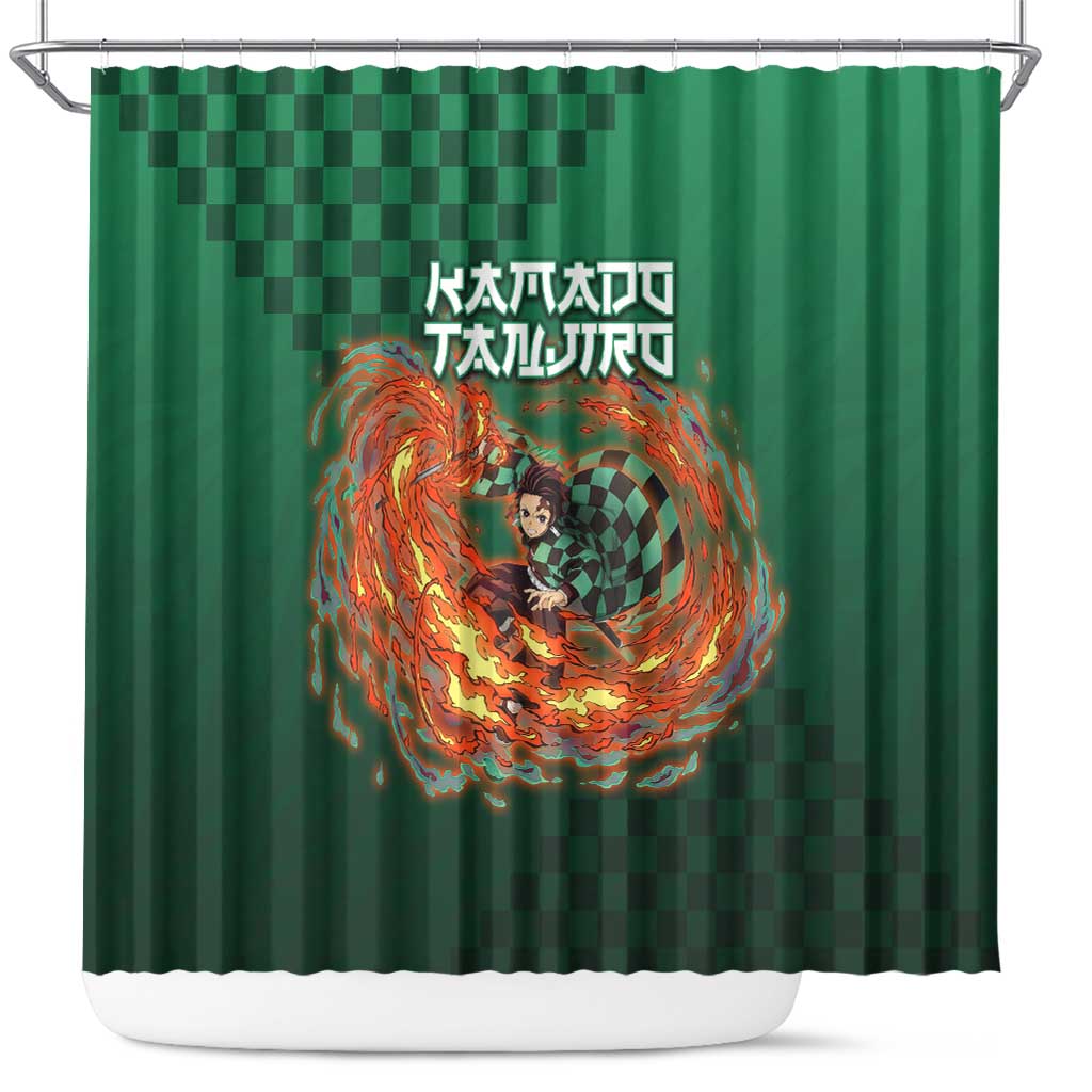 Kamado Tanjiro Demon Slayer Shower Curtain Flame Burst Anime Checkered Style