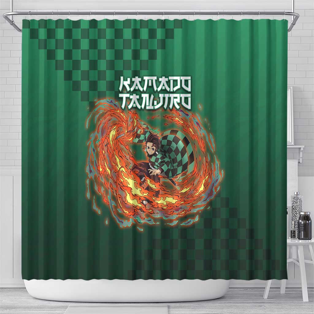 Kamado Tanjiro Demon Slayer Shower Curtain Flame Burst Anime Checkered Style
