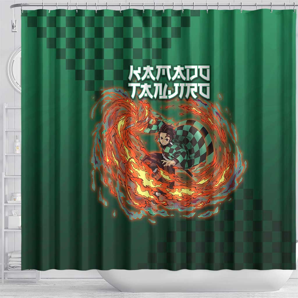 Kamado Tanjiro Demon Slayer Shower Curtain Flame Burst Anime Checkered Style