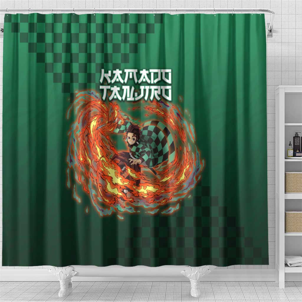 Kamado Tanjiro Demon Slayer Shower Curtain Flame Burst Anime Checkered Style