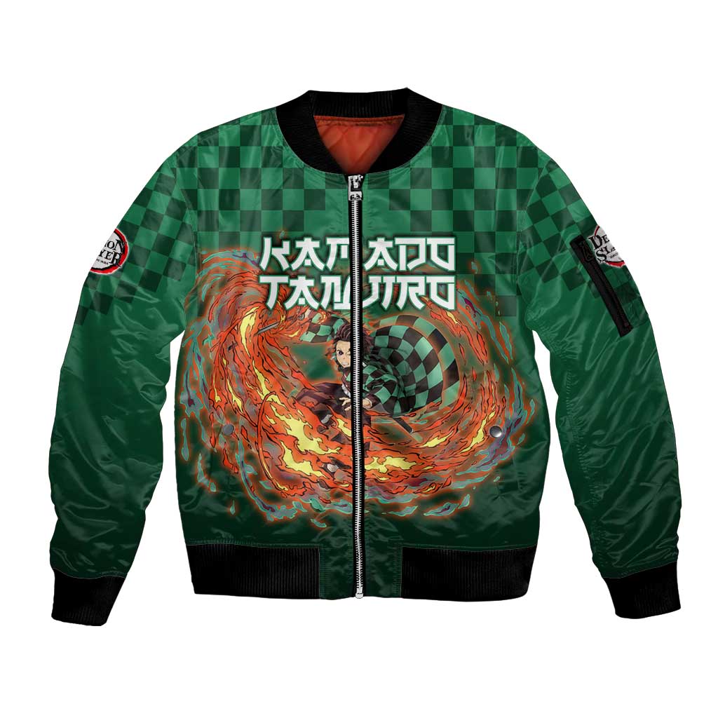 Kamado Tanjiro Demon Slayer Sleeve Zip Bomber Jacket Flame Burst Anime Checkered Style