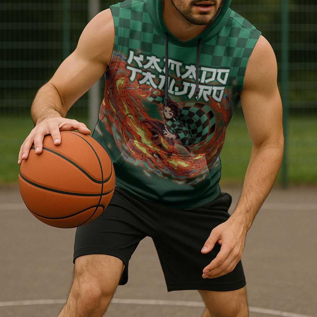 Kamado Tanjiro Demon Slayer Sleeveless Hoodie Flame Burst Anime Checkered Style