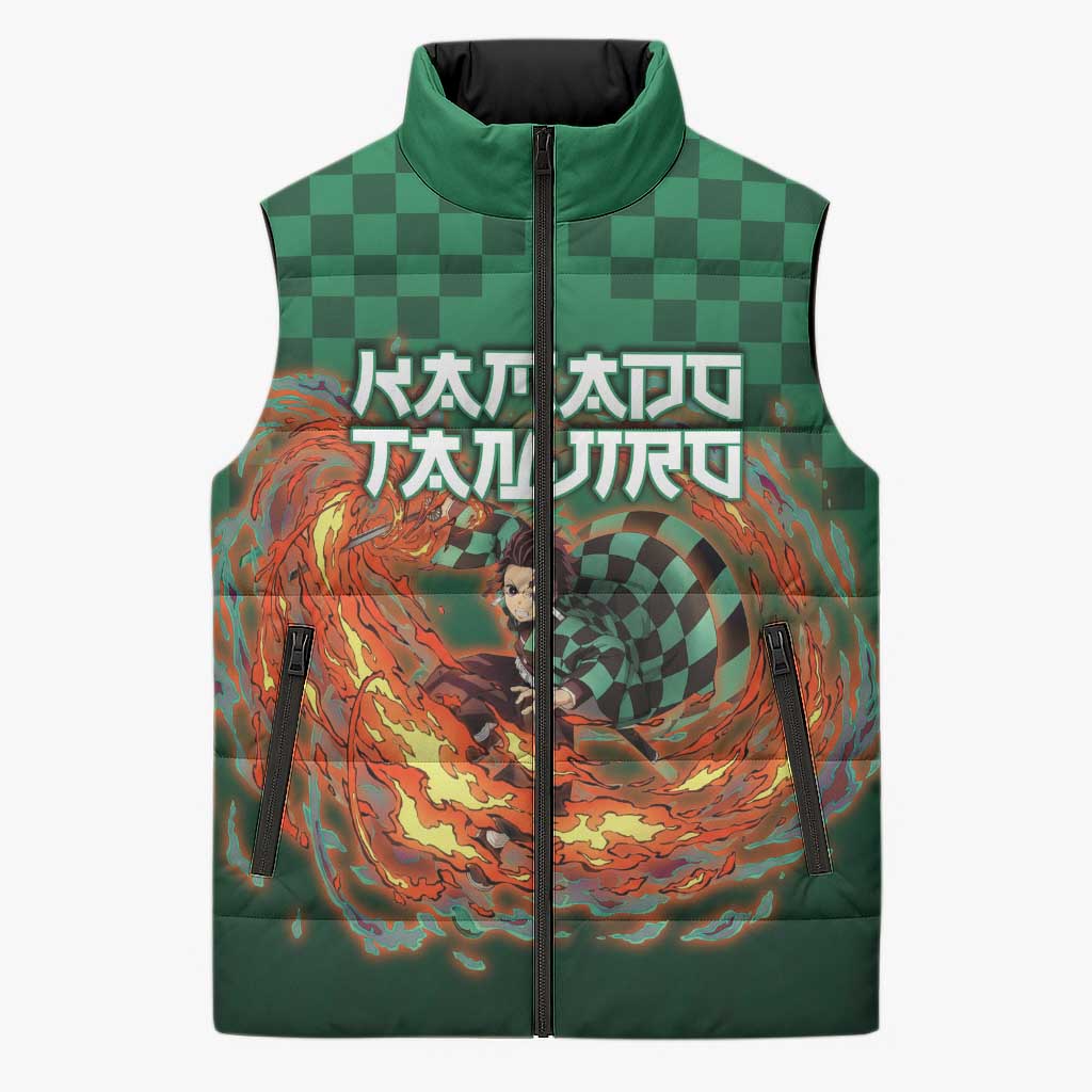 Kamado Tanjiro Demon Slayer Sleeveless Puffer Jacket Flame Burst Anime Checkered Style