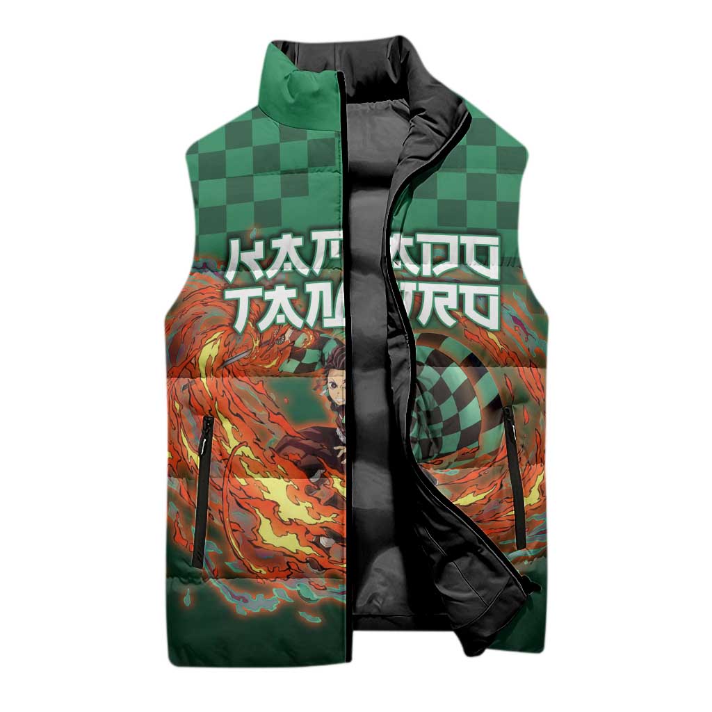 Kamado Tanjiro Demon Slayer Sleeveless Puffer Jacket Flame Burst Anime Checkered Style