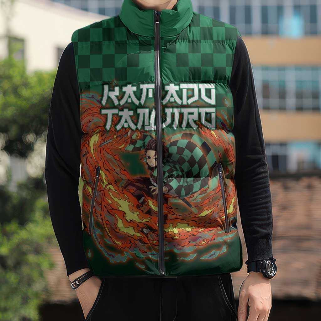 Kamado Tanjiro Demon Slayer Sleeveless Puffer Jacket Flame Burst Anime Checkered Style