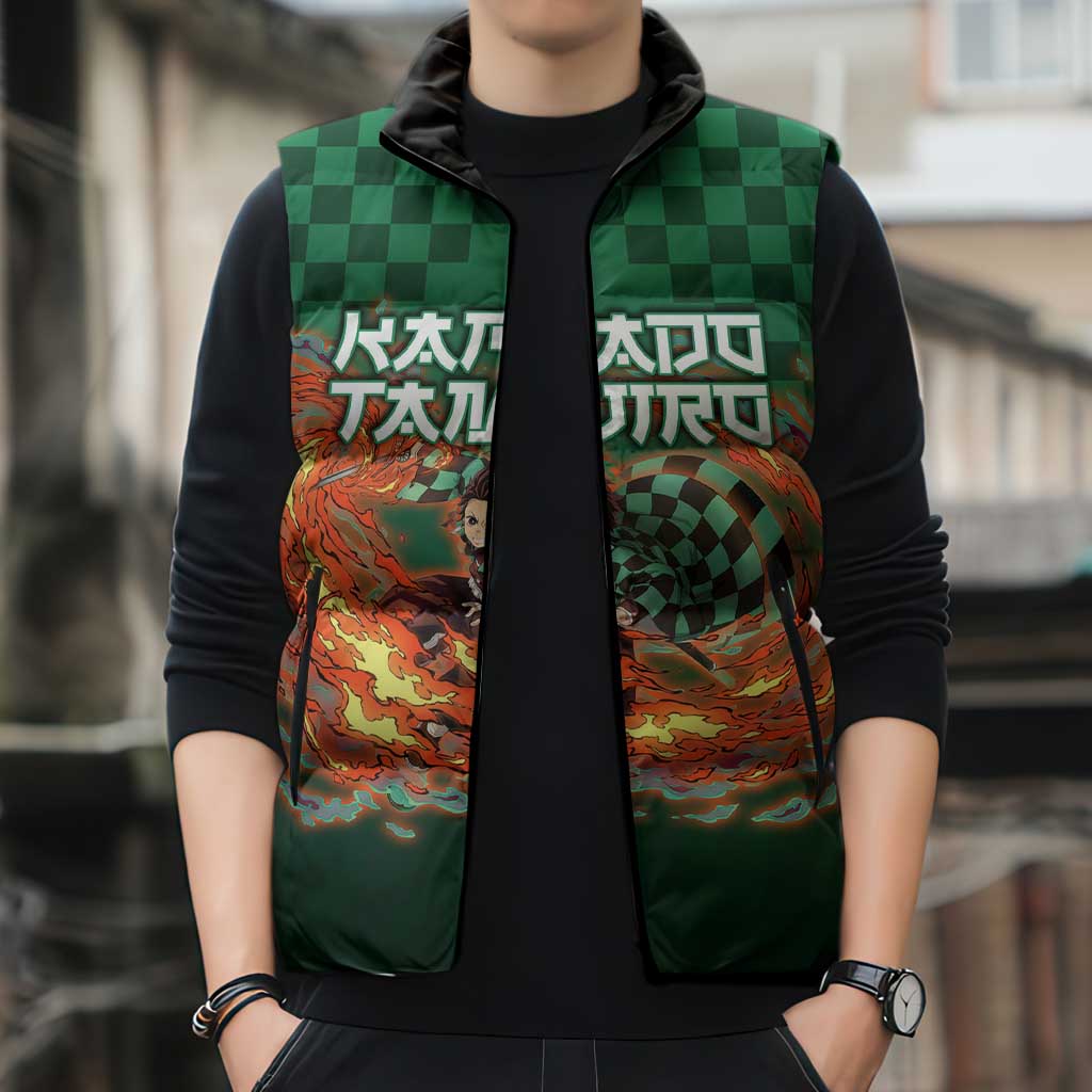 Kamado Tanjiro Demon Slayer Sleeveless Puffer Jacket Flame Burst Anime Checkered Style