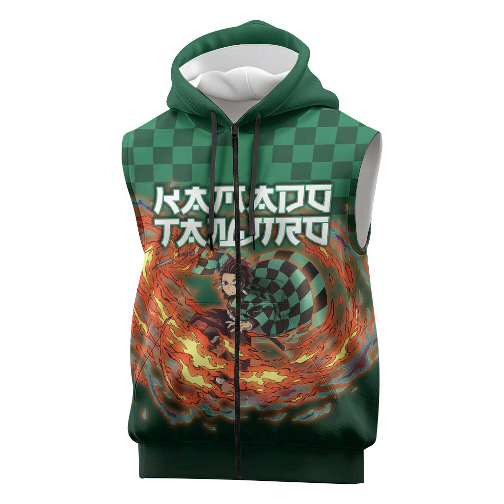 Kamado Tanjiro Demon Slayer Sleeveless Zip Hoodie Flame Burst Anime Checkered Style