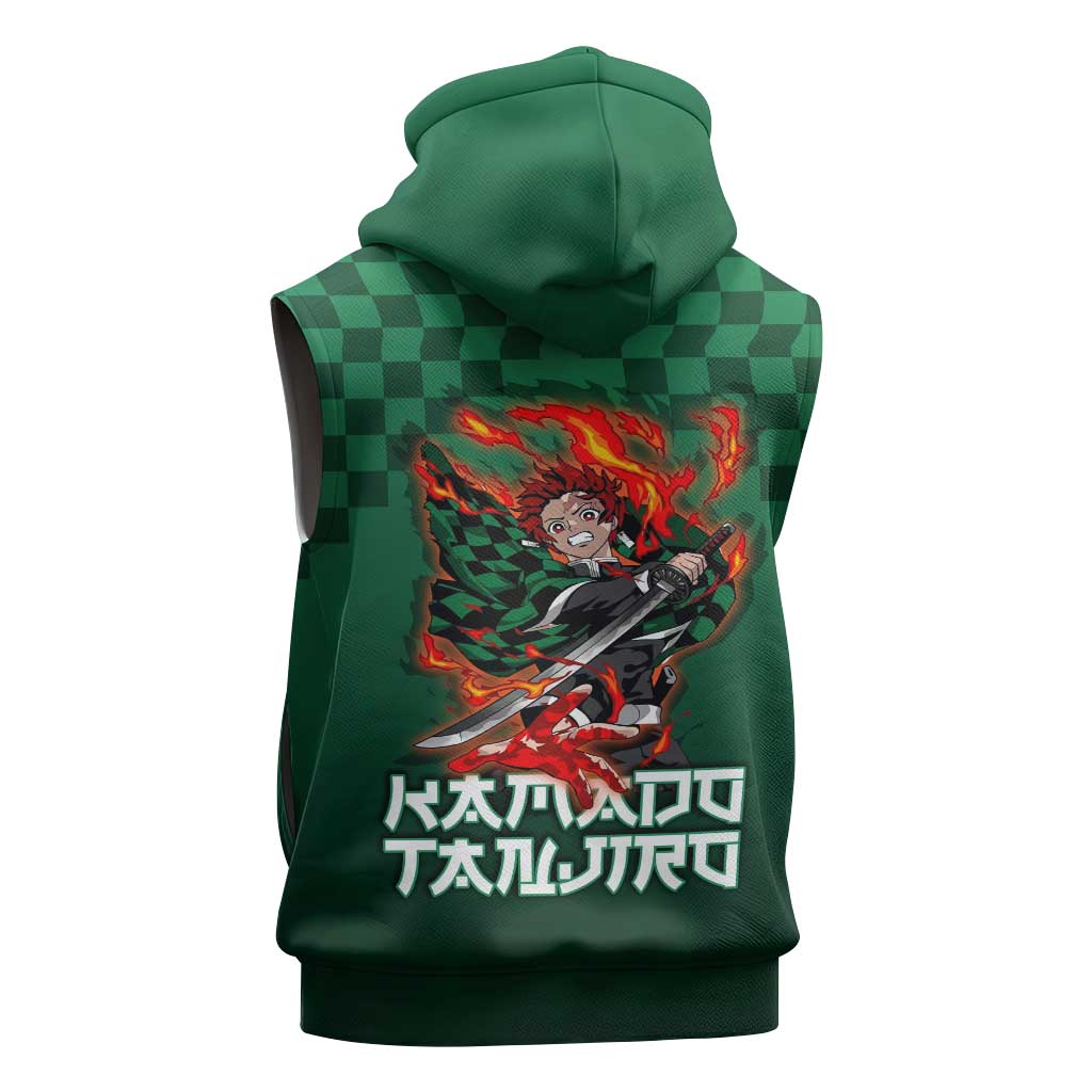 Kamado Tanjiro Demon Slayer Sleeveless Zip Hoodie Flame Burst Anime Checkered Style