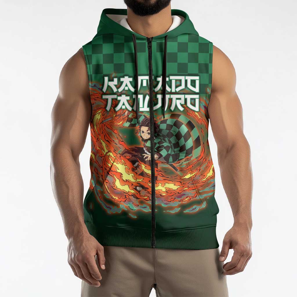 Kamado Tanjiro Demon Slayer Sleeveless Zip Hoodie Flame Burst Anime Checkered Style