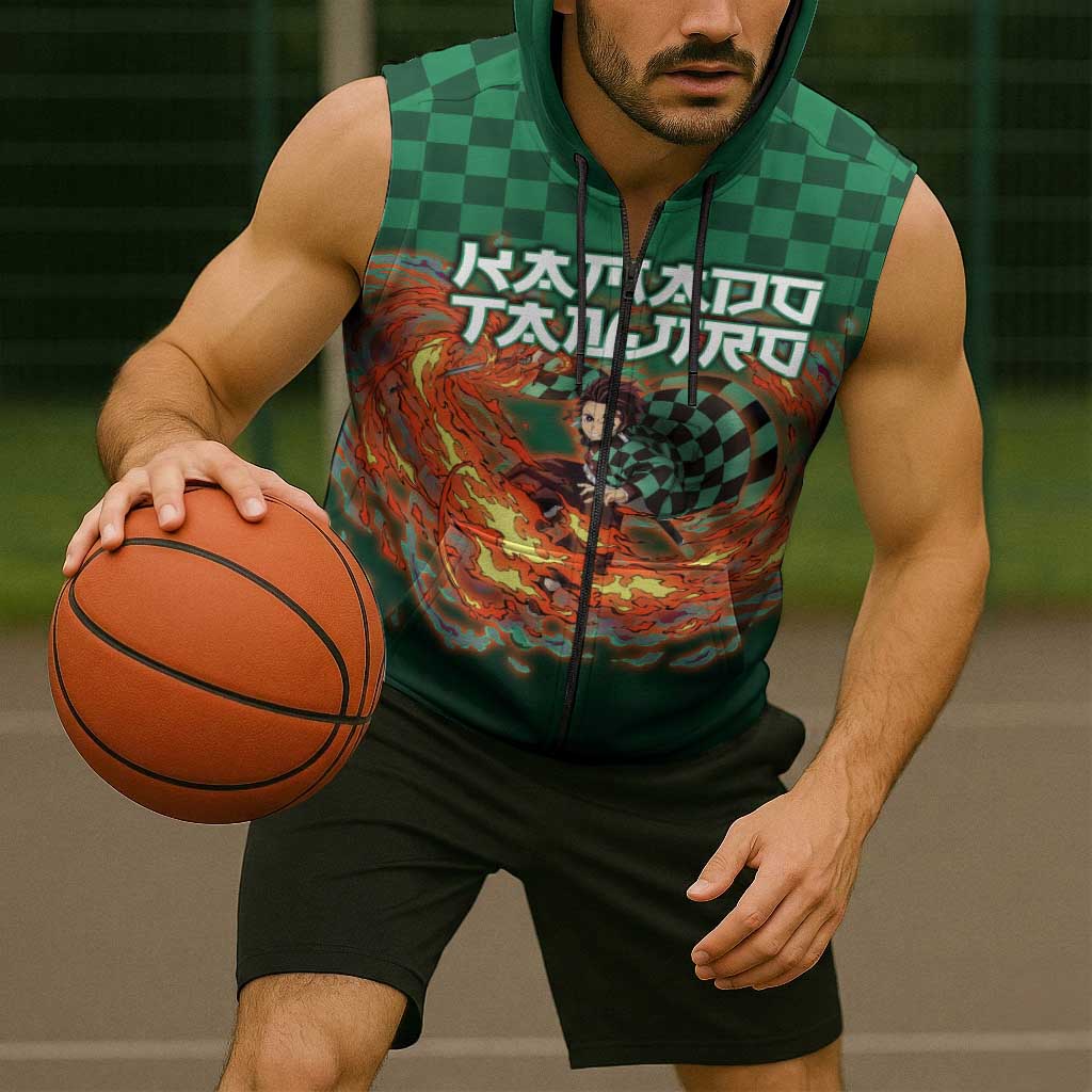 Kamado Tanjiro Demon Slayer Sleeveless Zip Hoodie Flame Burst Anime Checkered Style