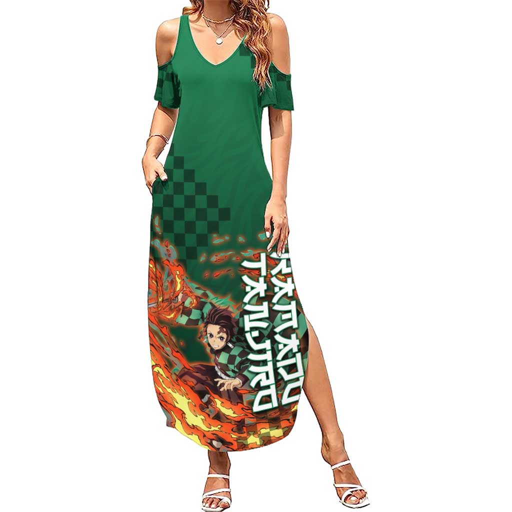 Kamado Tanjiro Demon Slayer Summer Maxi Dress Flame Burst Anime Checkered Style