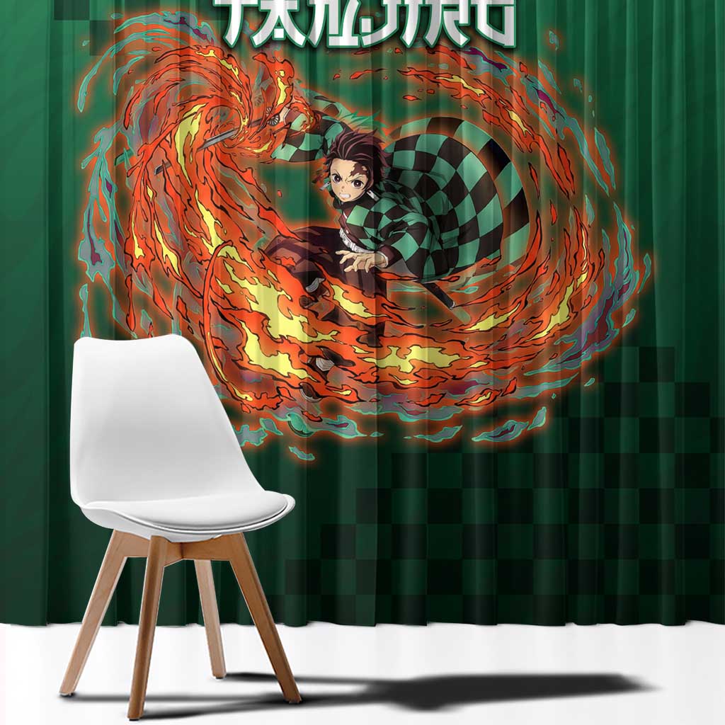 Kamado Tanjiro Demon Slayer Window Curtain Flame Burst Anime Checkered Style