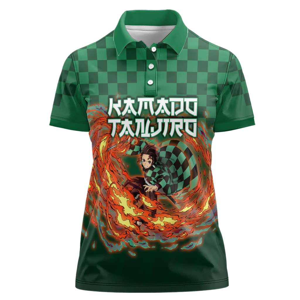 Kamado Tanjiro Demon Slayer Women Polo Shirt Flame Burst Anime Checkered Style