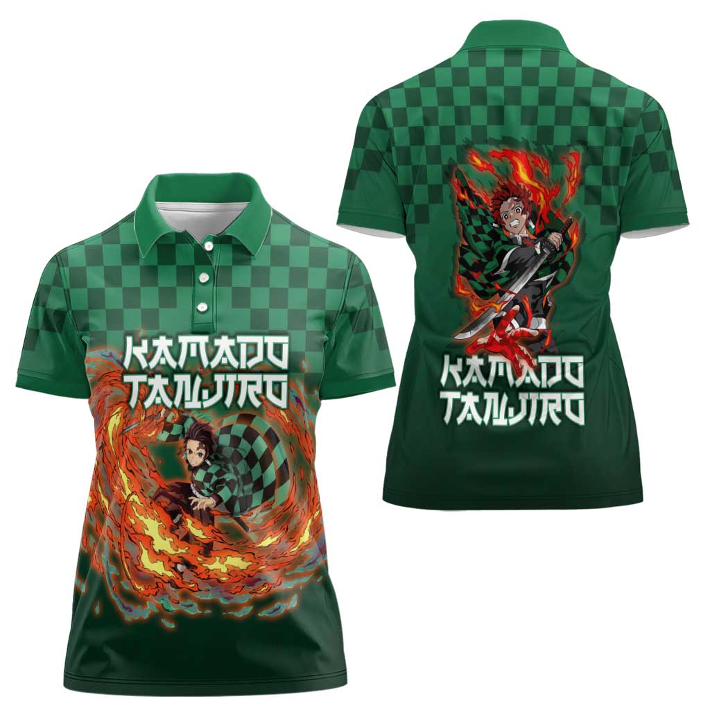 Kamado Tanjiro Demon Slayer Women Polo Shirt Flame Burst Anime Checkered Style