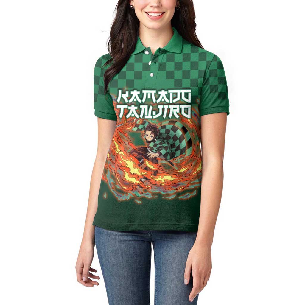 Kamado Tanjiro Demon Slayer Women Polo Shirt Flame Burst Anime Checkered Style