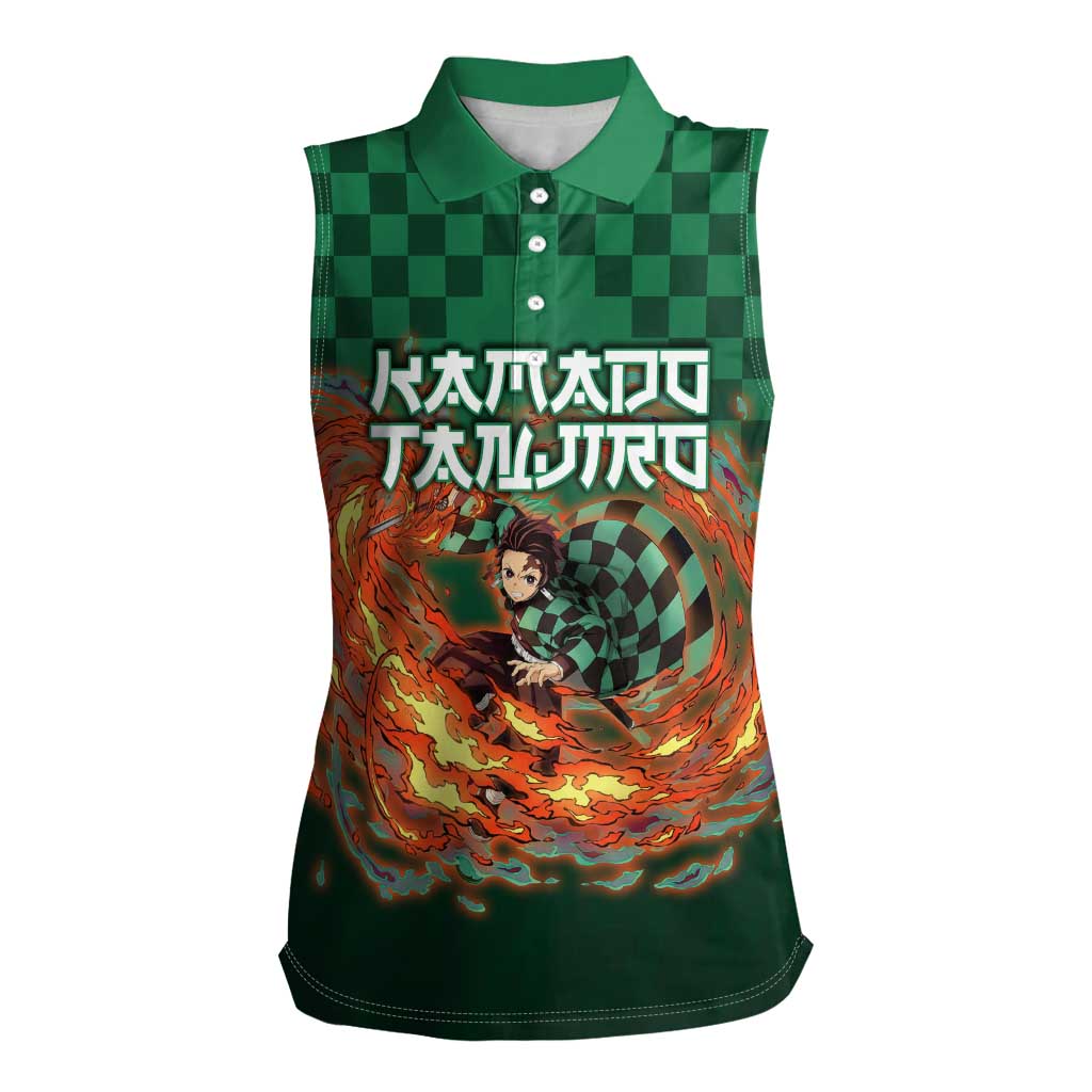Kamado Tanjiro Demon Slayer Women Sleeveless Polo Shirt Flame Burst Anime Checkered Style