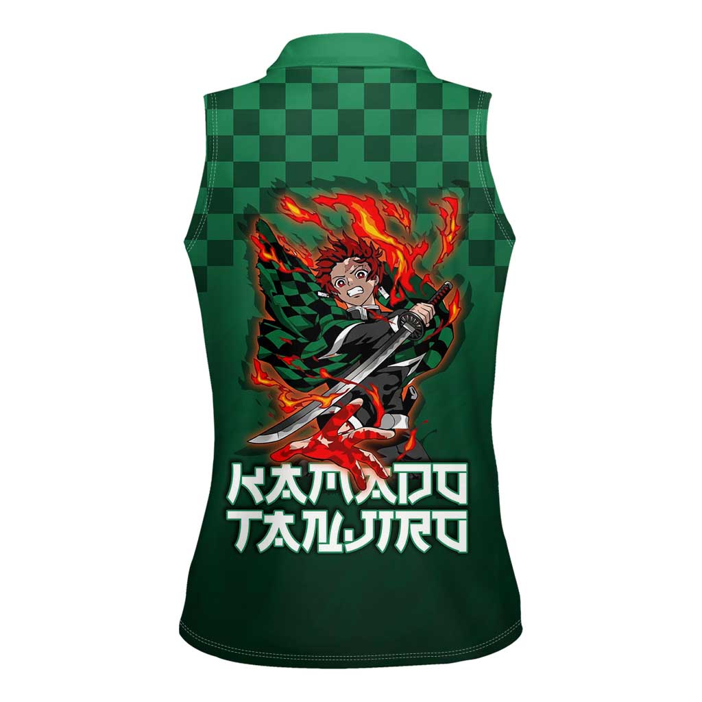 Kamado Tanjiro Demon Slayer Women Sleeveless Polo Shirt Flame Burst Anime Checkered Style