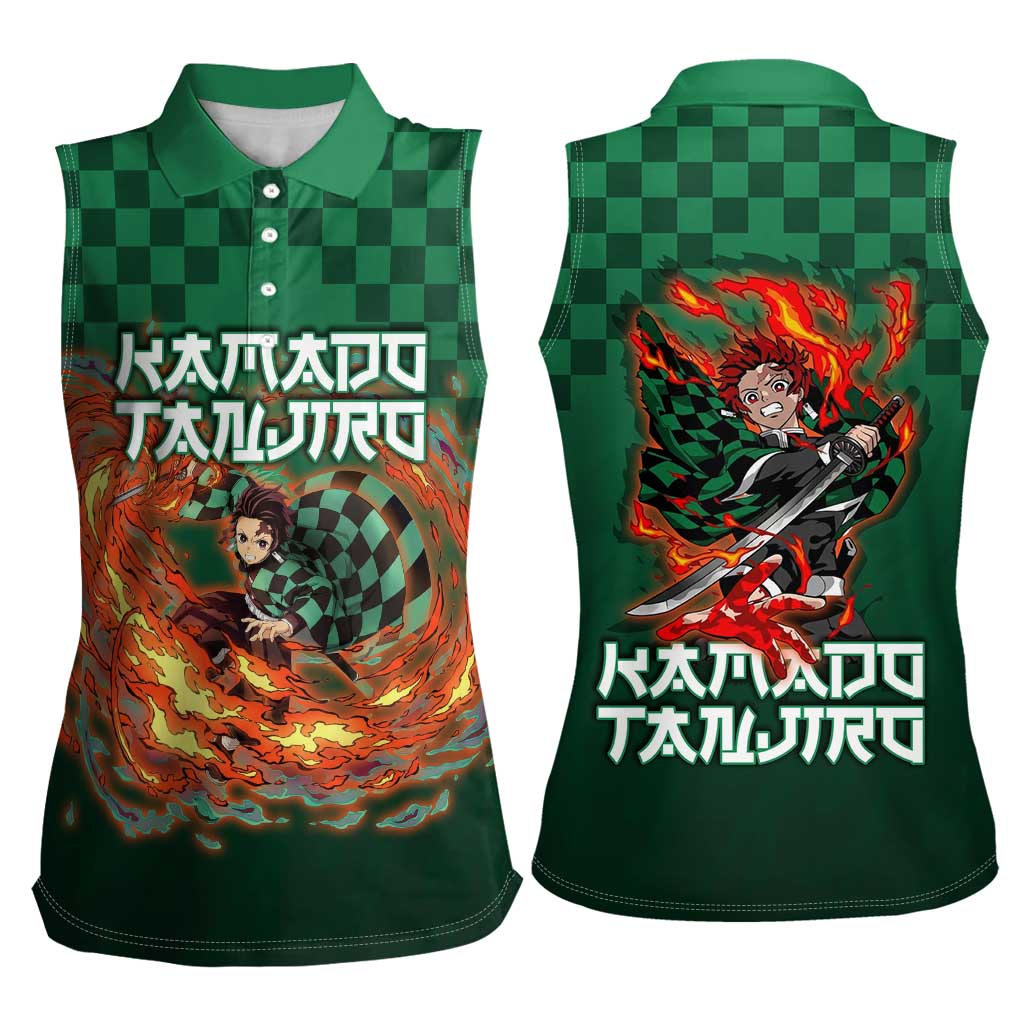 Kamado Tanjiro Demon Slayer Women Sleeveless Polo Shirt Flame Burst Anime Checkered Style