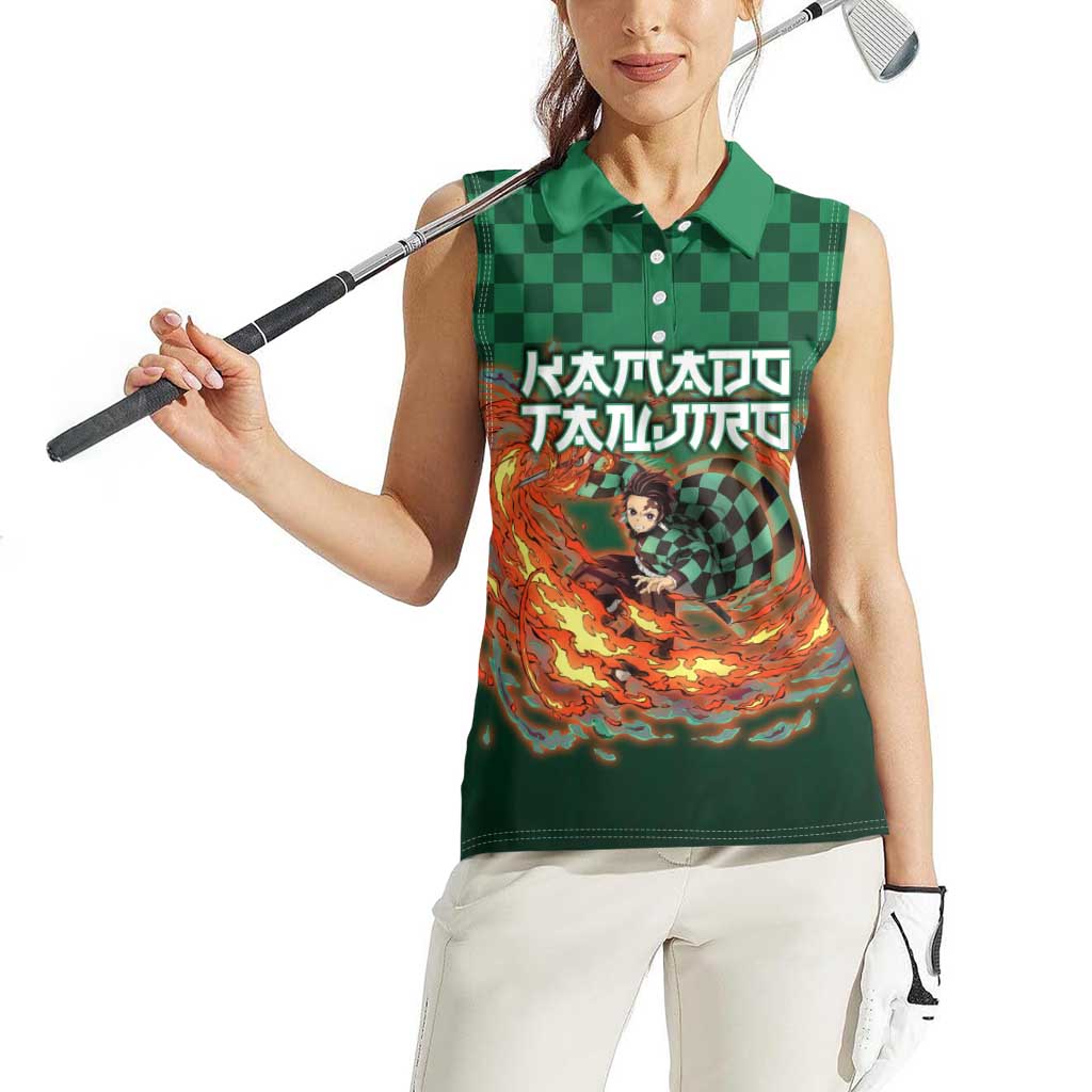 Kamado Tanjiro Demon Slayer Women Sleeveless Polo Shirt Flame Burst Anime Checkered Style