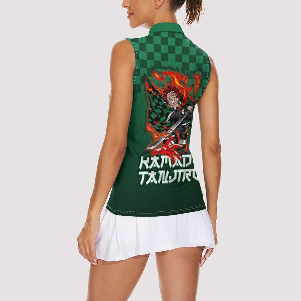 Kamado Tanjiro Demon Slayer Women Sleeveless Polo Shirt Flame Burst Anime Checkered Style