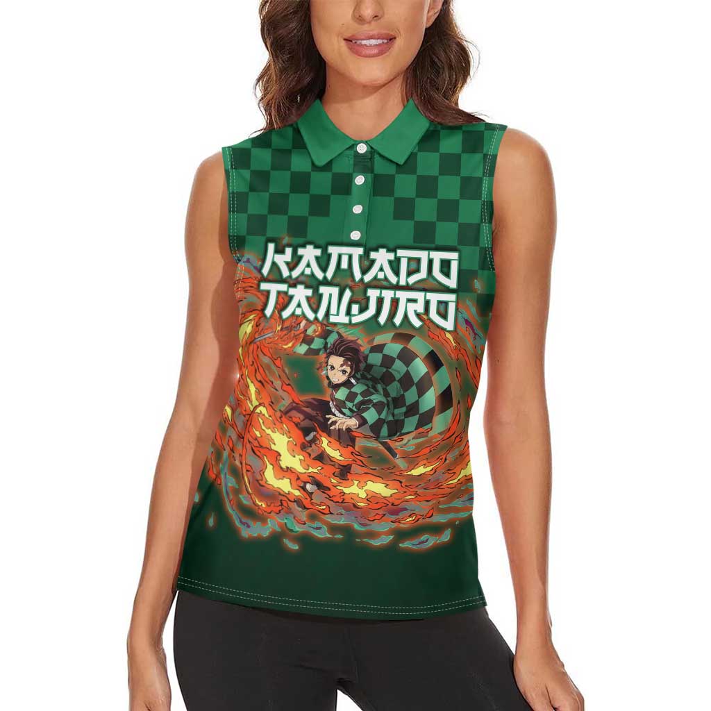 Kamado Tanjiro Demon Slayer Women Sleeveless Polo Shirt Flame Burst Anime Checkered Style