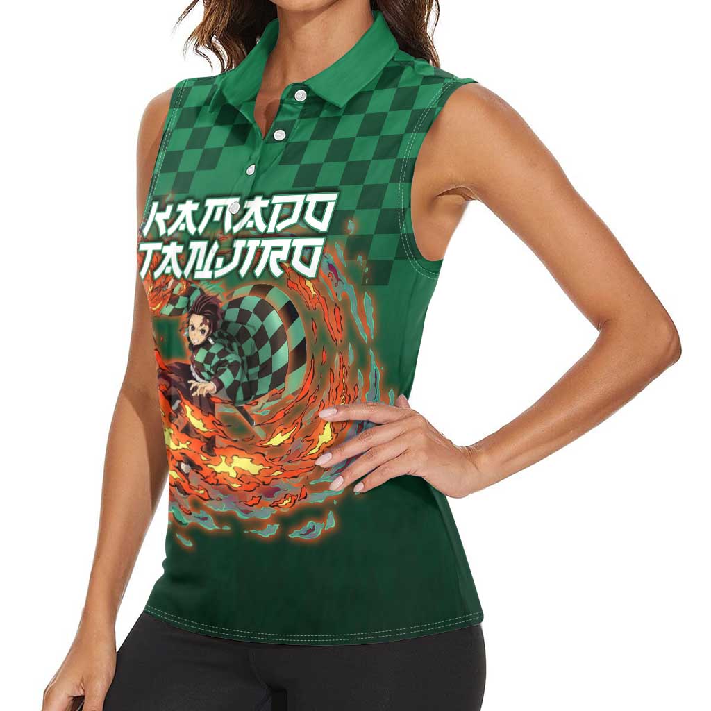 Kamado Tanjiro Demon Slayer Women Sleeveless Polo Shirt Flame Burst Anime Checkered Style
