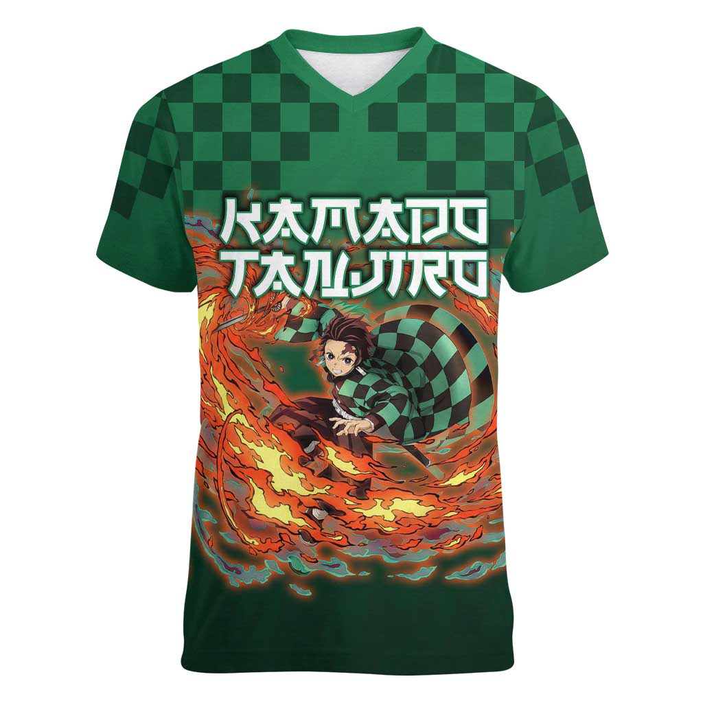 Kamado Tanjiro Demon Slayer Women V-Neck T-Shirt Flame Burst Anime Checkered Style