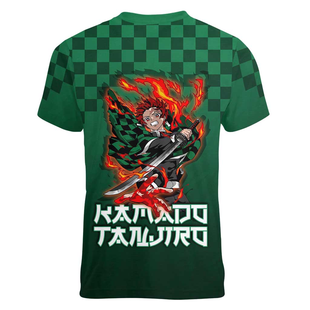 Kamado Tanjiro Demon Slayer Women V-Neck T-Shirt Flame Burst Anime Checkered Style