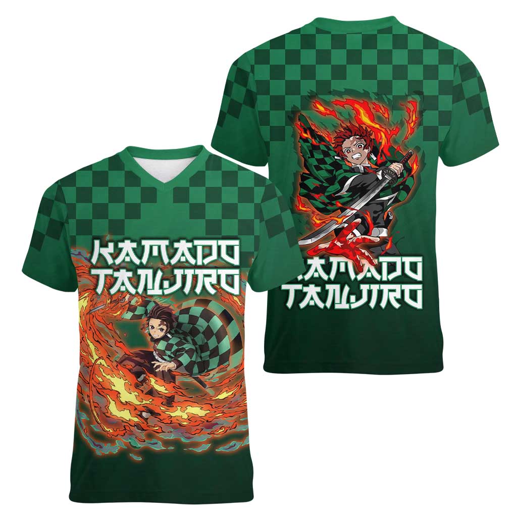 Kamado Tanjiro Demon Slayer Women V-Neck T-Shirt Flame Burst Anime Checkered Style