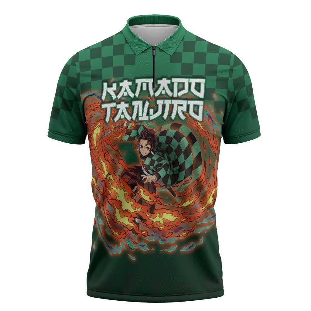 Kamado Tanjiro Demon Slayer Zipper Polo Shirt Flame Burst Anime Checkered Style