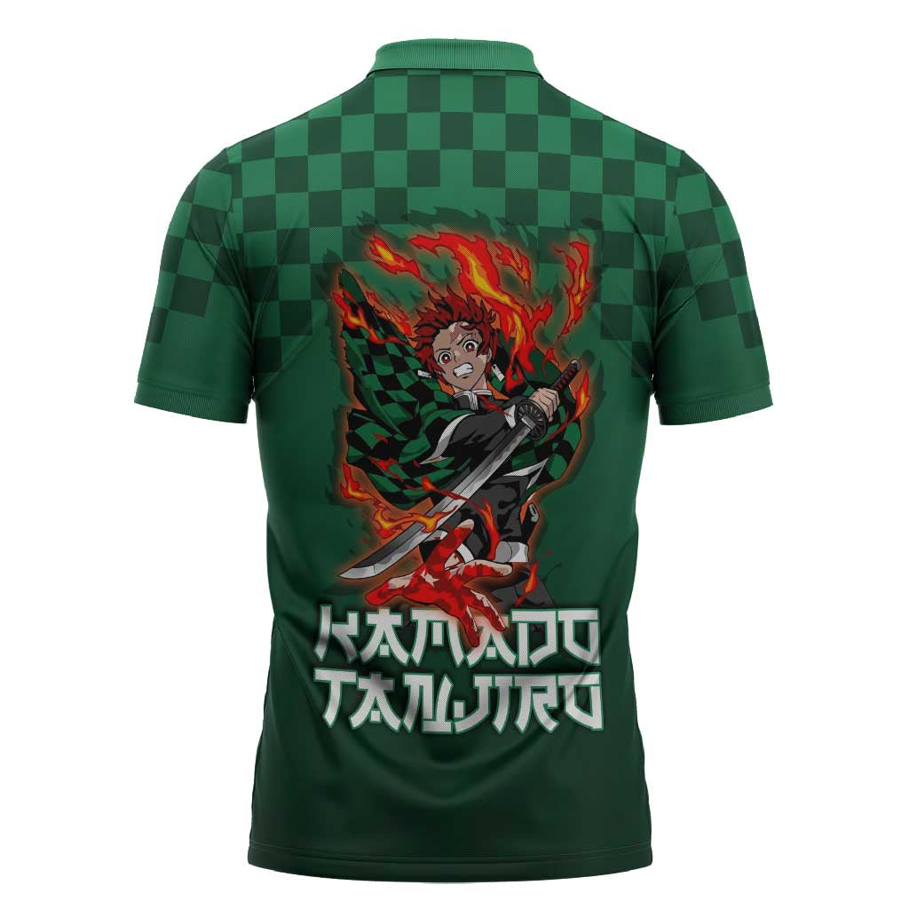 Kamado Tanjiro Demon Slayer Zipper Polo Shirt Flame Burst Anime Checkered Style