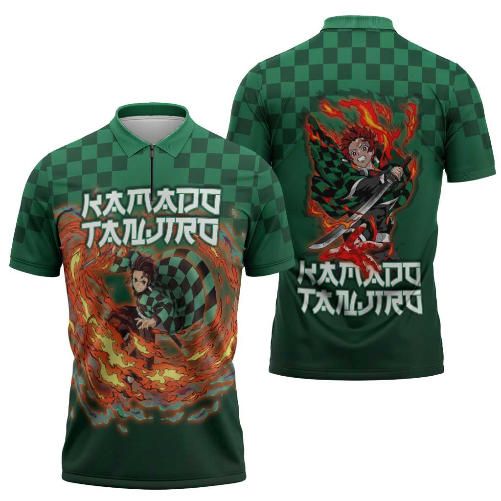 Kamado Tanjiro Demon Slayer Zipper Polo Shirt Flame Burst Anime Checkered Style