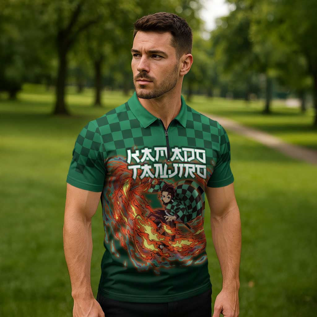 Kamado Tanjiro Demon Slayer Zipper Polo Shirt Flame Burst Anime Checkered Style