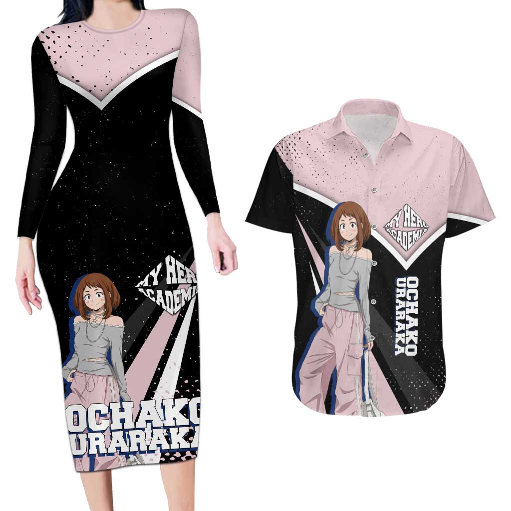 Ochako Uraraka My Hero Academia Couples Matching Long Sleeve Bodycon Dress and Hawaiian Shirt Anime Grunge Splatter Graphic Style