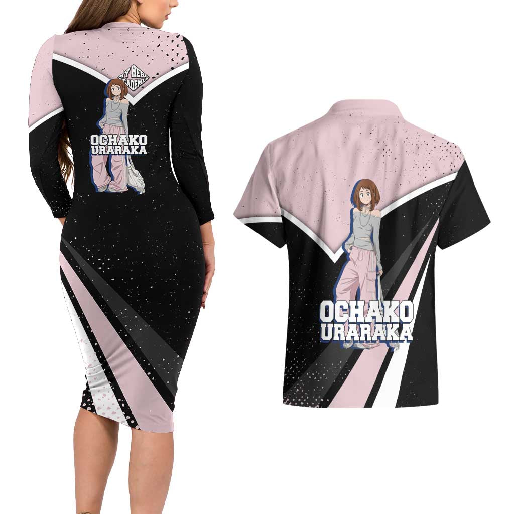 Ochako Uraraka My Hero Academia Couples Matching Long Sleeve Bodycon Dress and Hawaiian Shirt Anime Grunge Splatter Graphic Style