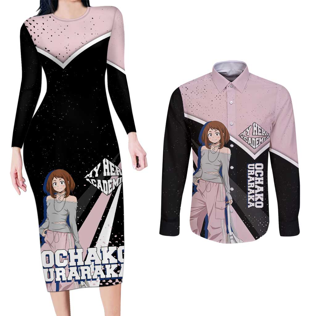 Ochako Uraraka My Hero Academia Couples Matching Long Sleeve Bodycon Dress and Long Sleeve Button Shirt Anime Grunge Splatter Graphic Style
