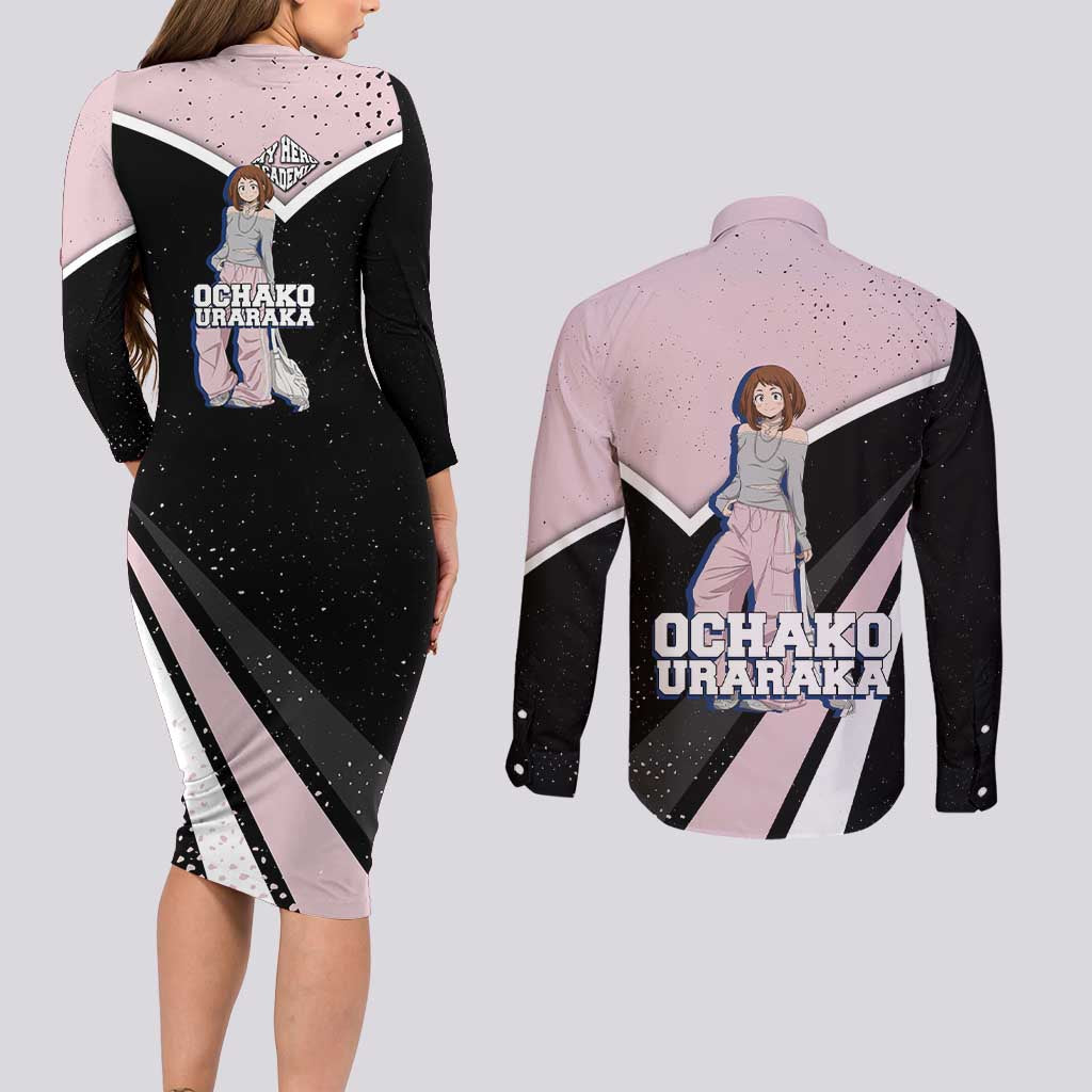 Ochako Uraraka My Hero Academia Couples Matching Long Sleeve Bodycon Dress and Long Sleeve Button Shirt Anime Grunge Splatter Graphic Style